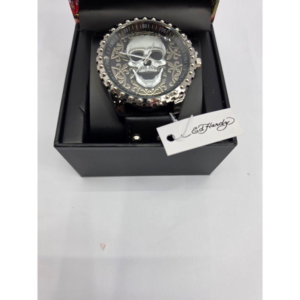 New Ed Hardy Mens Skull Watch Black Leather Studded Cuff Strap